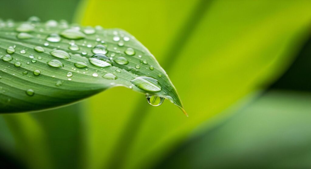 Nature Background Nature Wallpaper Close Up of Fresh Green Leaf with Numerous Water Droplets and One Large Drop About to Fall Free