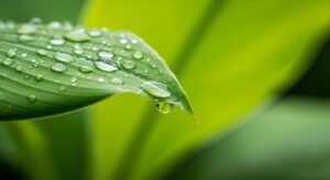 Nature Background Nature Wallpaper Close Up of Fresh Green Leaf with Numerous Water Droplets and One Large Drop About to Fall Free